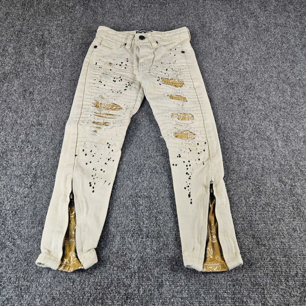 Rock Salt Boys Distressed Paint Splatter Jeans Cream Paisley Size 5 R421042-BN